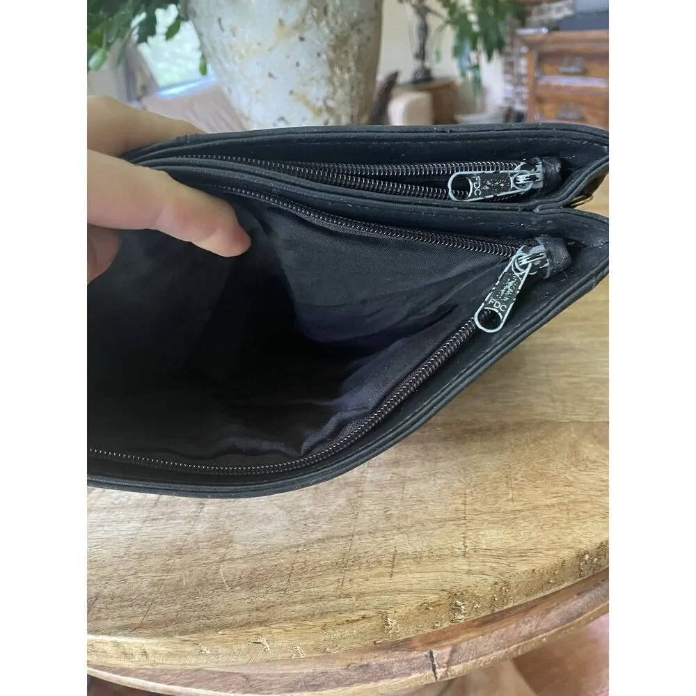 Vintage Black Genuine Leather Chevron Foldover Clutch Bag 13.5” Made in China